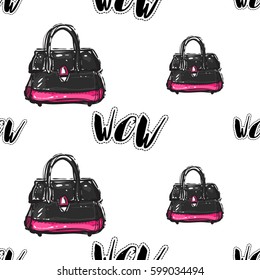 Online shopping collection. Vector wow patch and women bag seamless pattern. Fashion illustration, patches, stickers. Hand sketched background in vogue style.