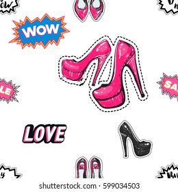 Online shopping collection. Vector wow, sale, love, buy now labels and bride, flat, high and pink nude heels seamless pattern. Fashion patches, stickers. Hand sketched background in vogue style.