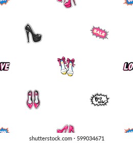 Online shopping collection. Vector wow, sale, love, buy now labels and bride, flat, high and pink nude heels seamless pattern. Fashion patches, stickers. Hand sketched background in vogue style.