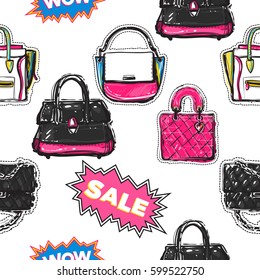Online shopping collection. Vector wow, sale and love labels, fashionable clutch, leather handbag, ladies bags seamless pattern. Fashion illustration, patches, stickers. Hand sketched background.