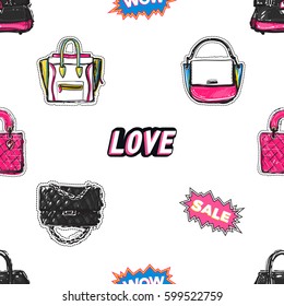 Online shopping collection. Vector wow, sale and love labels, fashionable clutch, leather handbag, ladies bags seamless pattern. Fashion illustration, patches, stickers. Hand sketched background.