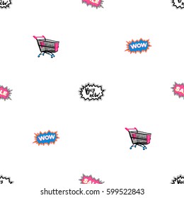 Online shopping collection. Vector wow label, shopping cart, sale cloud, buy now label seamless pattern. Fashion illustration, patches, stickers. Hand sketched background in vogue style.