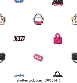 Online shopping collection. Vector wow, sale and love labels, fashionable clutch, leather handbag, ladies bags seamless pattern. Fashion illustration, patches, stickers. Hand sketched background.