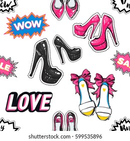 Online shopping collection. Vector wow, sale, love, buy now labels and bride, flat, high and pink nude heels seamless pattern. Fashion patches, stickers. Hand sketched background in vogue style.