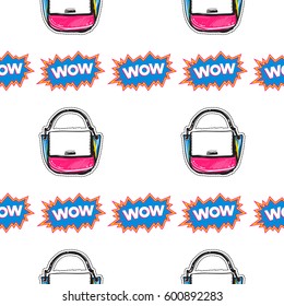 Online shopping collection. Vector wow label and ladies handbag seamless pattern. Fashion illustration, patches, stickers. Hand sketched background in vogue style.