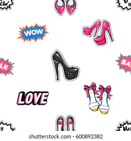 Online shopping collection. Vector wow, sale, love, buy now labels and bride, flat, high and pink nude heels seamless pattern. Fashion patches, stickers. Hand sketched background in vogue style.
