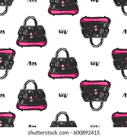 Online shopping collection. Vector wow patch and women bag seamless pattern. Fashion illustration, patches, stickers. Hand sketched background in vogue style.