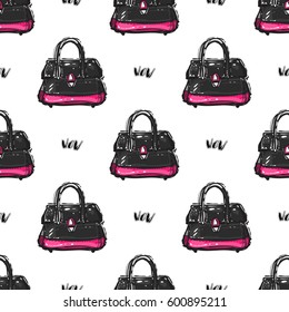 Online shopping collection. Vector wow patch and women bag seamless pattern. Fashion illustration, patches, stickers. Hand sketched background in vogue style.
