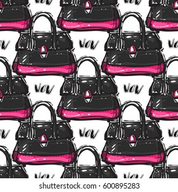 Online shopping collection. Vector wow patch and women bag seamless pattern. Fashion illustration, patches, stickers. Hand sketched background in vogue style.