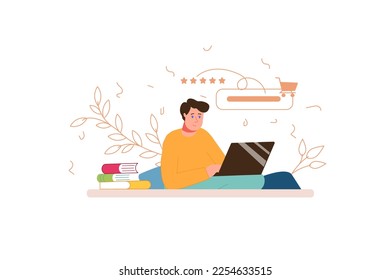 Online shopping color concept with people scene in the flat cartoon style. Man chooses shopping in an online store while sitting at home. Vector illustration.