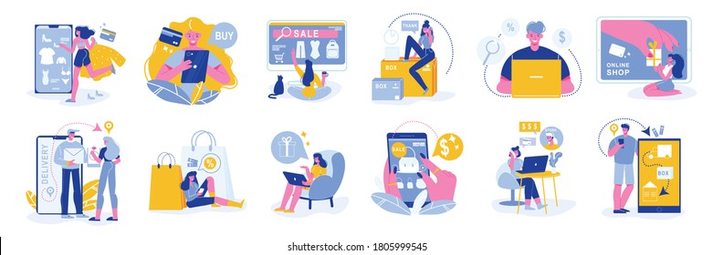 Online shopping color set of isolated icons with buyer characters and computer images on blank background vector illustration