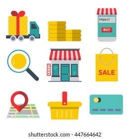 Online shopping. Color vector flat icon set and illustration: city, online store, shopping,computer, laptop, phone, money, delivery