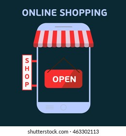 Online shopping. Color vector flat icon set and illustration: online store, shopping,phone.