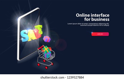 online shopping in the colored boxes jump to the cart in isometric view on a black background