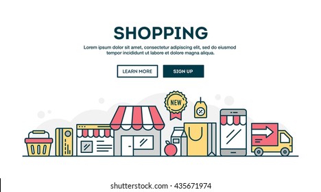 Online Shopping, Colorful Concept Header, Flat Design Thin Line Style, Vector Illustration