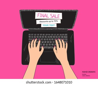 Online shopping colorful illustration with black laptop. Final sale on monitor with place for your text. Hands on keyboard. Hand drawn vector sketch isolated on white background