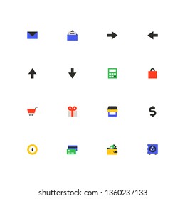 Online shopping - colorful material design icons set on white background. High quality images of arrows, email, cart, gift, clock, dollar, calculator, bag, card and wallet, safe, store on smartphone