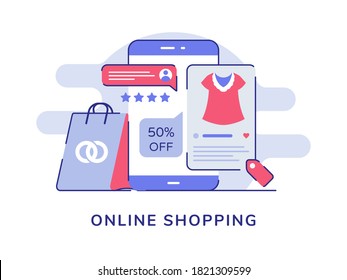 Online shopping comment rate star discount sale clothes on display smartphone screen background of shopping bag with flat outline style