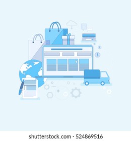 Online Shopping Commerce Delivery Service Thin Line Vector Illustration