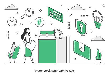 Online shopping commerce. Digital purchasing service, order on electronic shop vector monocolor illustration