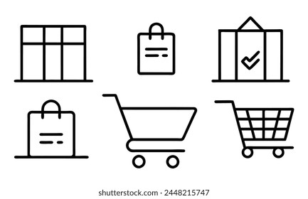 Iconos editables del contorno del trazo de las compras y del comercio en línea establecidos aislados en la Ilustración vectorial plana del fondo blanco. Píxel perfecto. 64 x 64..