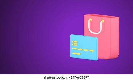 Online-Shopping kommerzielle Waren kaufen Kreditkarte zahlen Internet-Transaktion 3D-Symbol-Vektorillustration. E-Business-Commerce-Cyberspace-Einkauf kontaktlose Bezahltechnologie