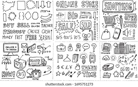 Online shopping commercial hand drawn doodle set