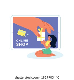 Composición de compras en línea con pantalla de computadora de escritorio y entrega de mano humana regalo de ilustración de vectores de niñas