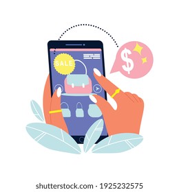 Composición de compras en línea con burbuja de pictogramas en dólares y manos femeninas sosteniendo ilustraciones vectoriales de smartphones