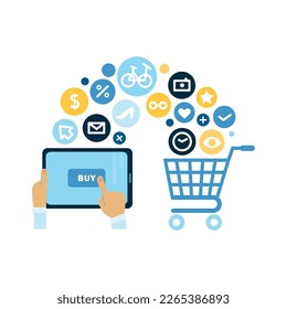 Composición de compras en línea con iconos y gadgets de estilo doodle con pictogramas redondos ilustración vectorial