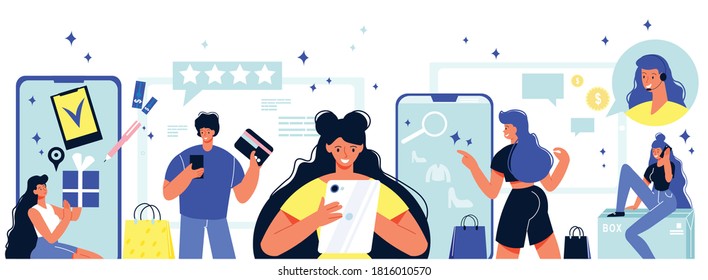 Online shopping composition with human characters smartphone images and review pictograms with payment and gift signs vector illustration