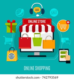 Online shopping composition with store on computer, cart, colorful bags, gift on turquoise background flat vector illustration