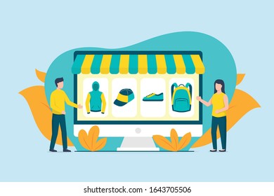 Online-Shopping mit Computer-Desktop mit Paar Mann und Frau mit modernem Farbton