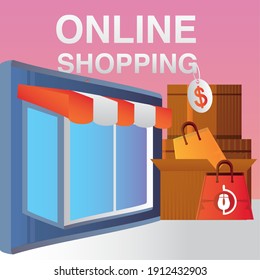 online shopping computer store boxes and bag tag price ecommerce vector illustration