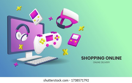Online-Shopping mit Computer Vector für Banner, Plakat, Flyer