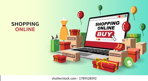 Online shopping, computer shopping website anniversary celebration, parcel design vector