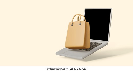 Online Shopping Concept With 3D Shopping Bag Coming Out Of Laptop Screen On Beige Background. Modern E-Commerce And Digital Retail Symbol. Vector Illustration