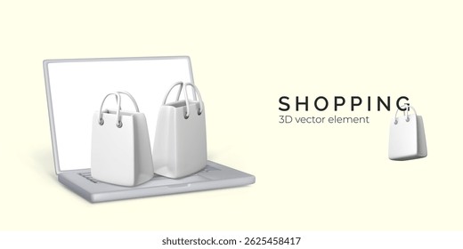 Conceito de compras on-line com sacos de compras 3D emergindo do laptop no fundo claro. Perfeito para os temas de E-Commerce, Varejo e Marketing Digital. Ilustração de vetor 3D