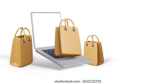 Online Shopping Concept With 3D Brown Bags Coming Out Of Laptop, Perfect For E-Commerce, Retail, And Digital Marketing Scenes. Vector Illustration