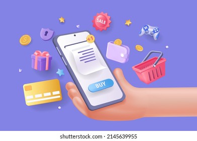 Ilustración 3D del concepto de compra en línea. Composición de iconos con la mano guarda el teléfono móvil y pago por compra, tarjeta de crédito, carrito de compras, regalos para el cliente. Ilustración vectorial para diseño web moderno