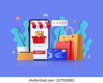 Online shopping concept 3D illustration. Icon composition with mobile application for making purchases on smartphone, credit card for payment, shopping bags. Vector illustration for modern web design