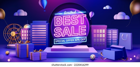 Online shopping concept in 3D illustration. Square podiums in cityscape scene with shopping objects on dark purple background