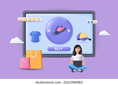 Online shopping concept 3D illustration. Icon composition with happy customer buying clothes on store website at screen, ordering and paying using laptop. Vector illustration for modern web design