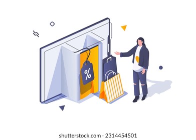 Online shopping concept in 3d isometric design. Woman with many bags buying new goods at store with bargain offers of discount prices. Vector illustration with isometric people scene for web graphic