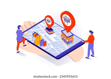 Online shopping concept in 3d isometric design. People making purchases at sale in clothes store mobile app and choosing delivery point at map. Vector illustration with isometry scene for web graphic