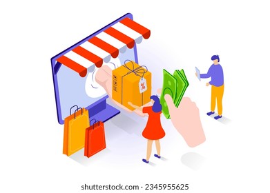 Online shopping concept in 3d isometric design. People ordering products, paying by webpage digital form, receive parcel with delivery service. Vector illustration with isometry scene for web graphic