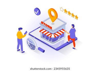 Online shopping concept in 3d isometric design. People choosing store with good rating and clients experience, make purchases and give feedback. Vector illustration with isometry scene for web graphic