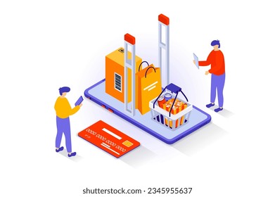 Online shopping concept in 3d isometric design. People purchasing food in supermarket webpage with packaging delivering, pay credit card. Vector illustration with isometry scene for web graphic