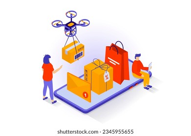 Online shopping concept in 3d isometric design. People making purchases in store webpage using mobile app, ordering delivery by flying drone. Vector illustration with isometry scene for web graphic