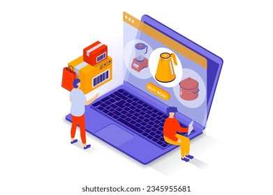 Online shopping concept in 3d isometric design. People choosing kitchen appliance at store assortment webpage, ordering and paying at laptop. Vector illustration with isometry scene for web graphic